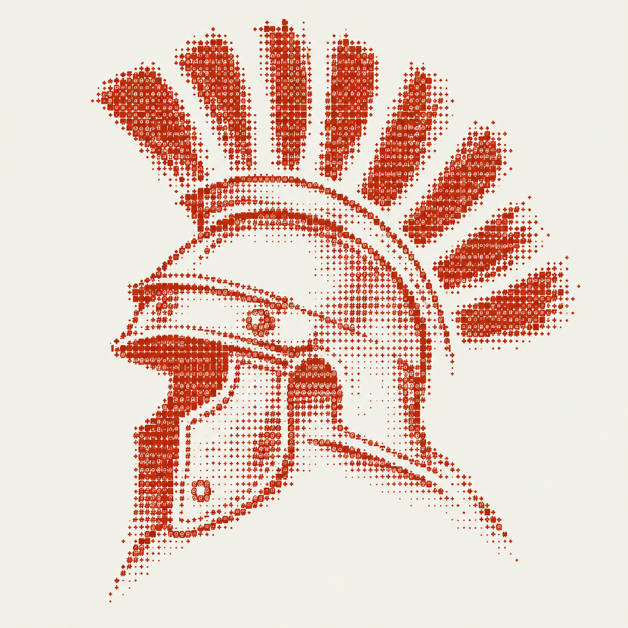 Un casque romain dessiné en caractères et pixels vermillon, avec huit traits pour crête.